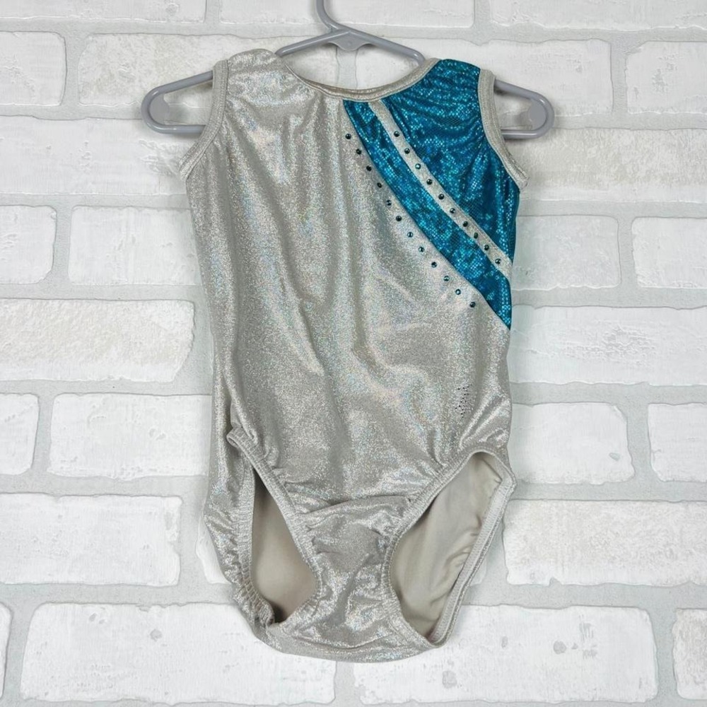 Silver Teal Holographic Rhinestone Sleeveless Gymnastics Leotard Kids
